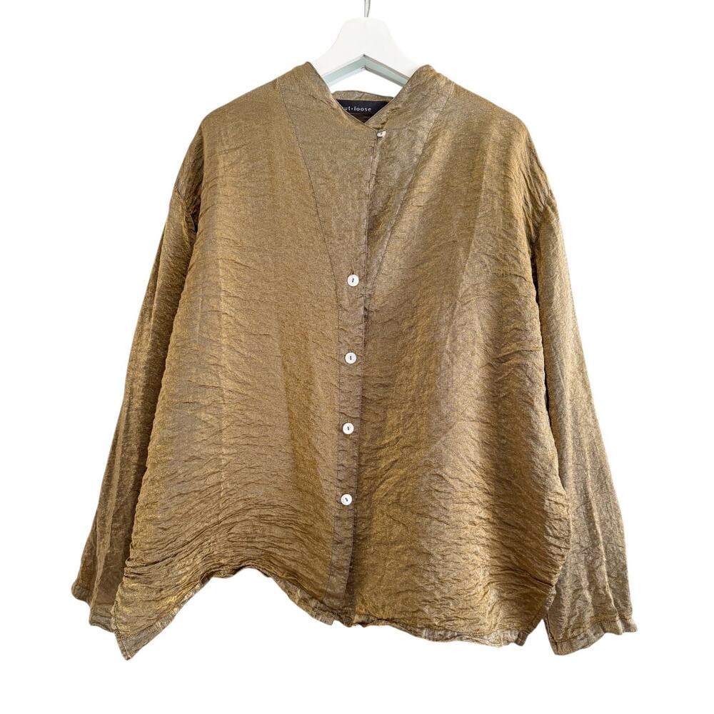 Cut Loose Shirt XL Crinkled Gold Bemberg Button Front Relaxed Lagenlook